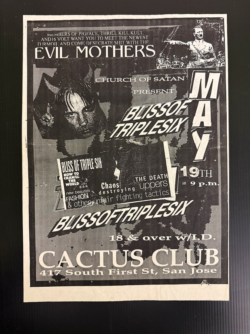 Evil Mothers - Bliss of Triplesix - Cactus Club: Handbill. Evil Mothers - Bliss of Triplesix - Cactus Club. Tribal Industrial Punk band from San Antonio, Texas led by vocalist Curse Mackey who went on to be a part of Pigface, My Life with the