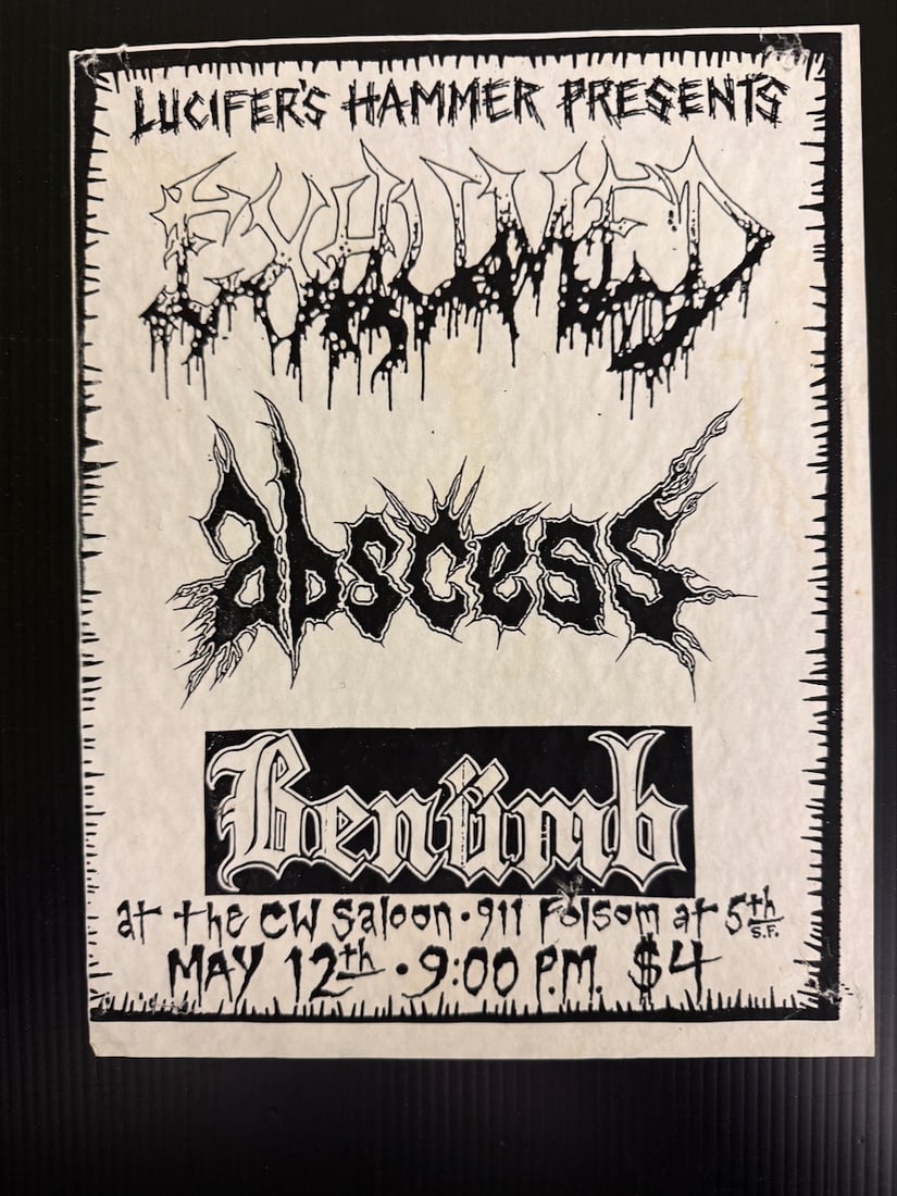 RARE - EXHUMED with ABSCESS handbill: Exhumed - American death metal / goregrind band from San Jose, California. Abscess Defunct hardcore punk-influenced death metal band formed in June 1994 by Chris Reifert and Danny Coralles in