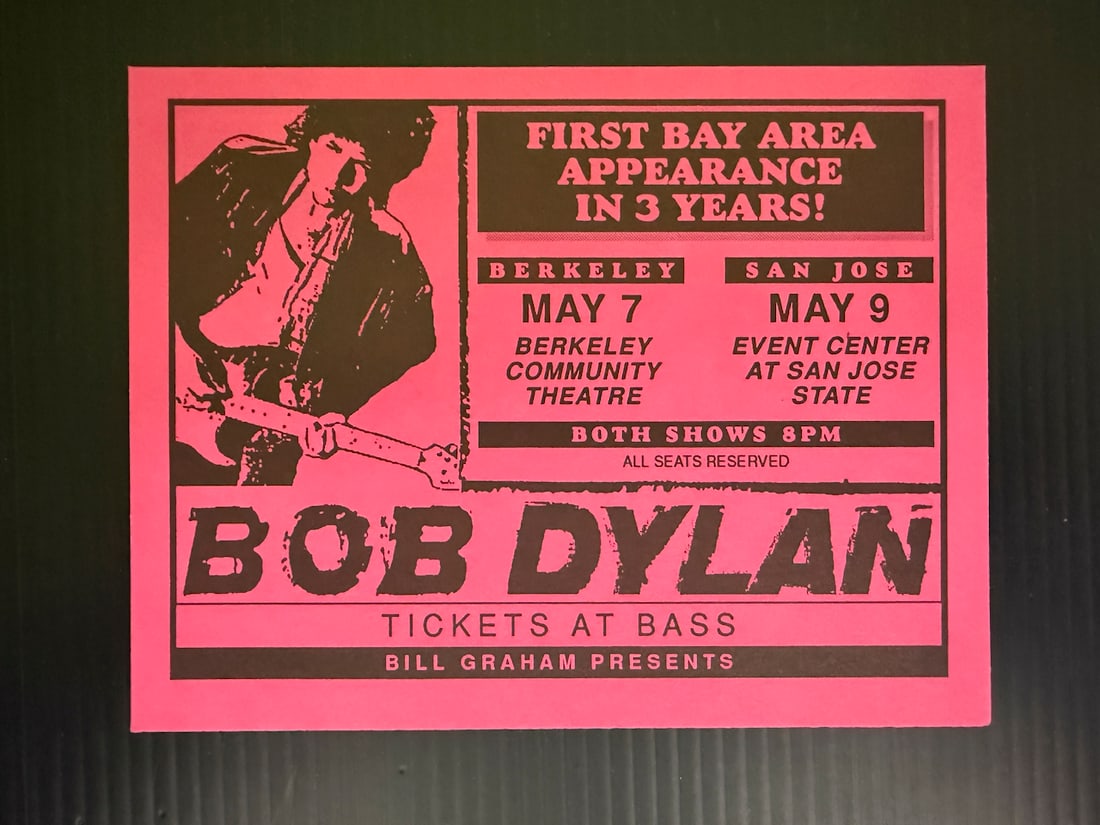 BOB DYLAN DOUBLE SIDED CARD: BOB DYLAN DOUBLE SIDED CARD WITH JOHN PRINE AND COWBOY JUNKIES. AT BERKELEY COMMUNITY THEATER