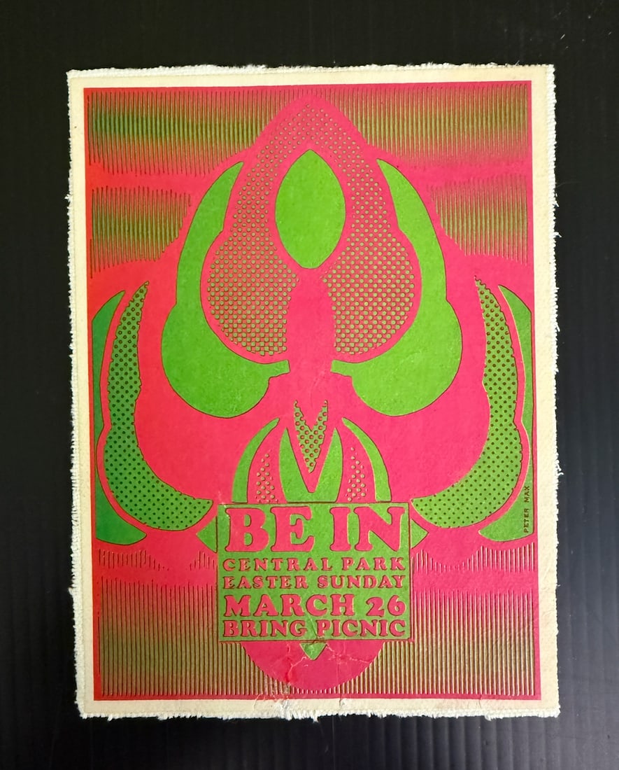 THE HUMAN BE IN CARD BY PETER MAX: THE HUMAN BE IN CARD - CENTRAL PARK - PETER MAX ART. RARE. MOUNTED AND ARCHIVED. In the 1960s, several "be-ins" were held in Central Park, Manhattan, New York City, to protest against various