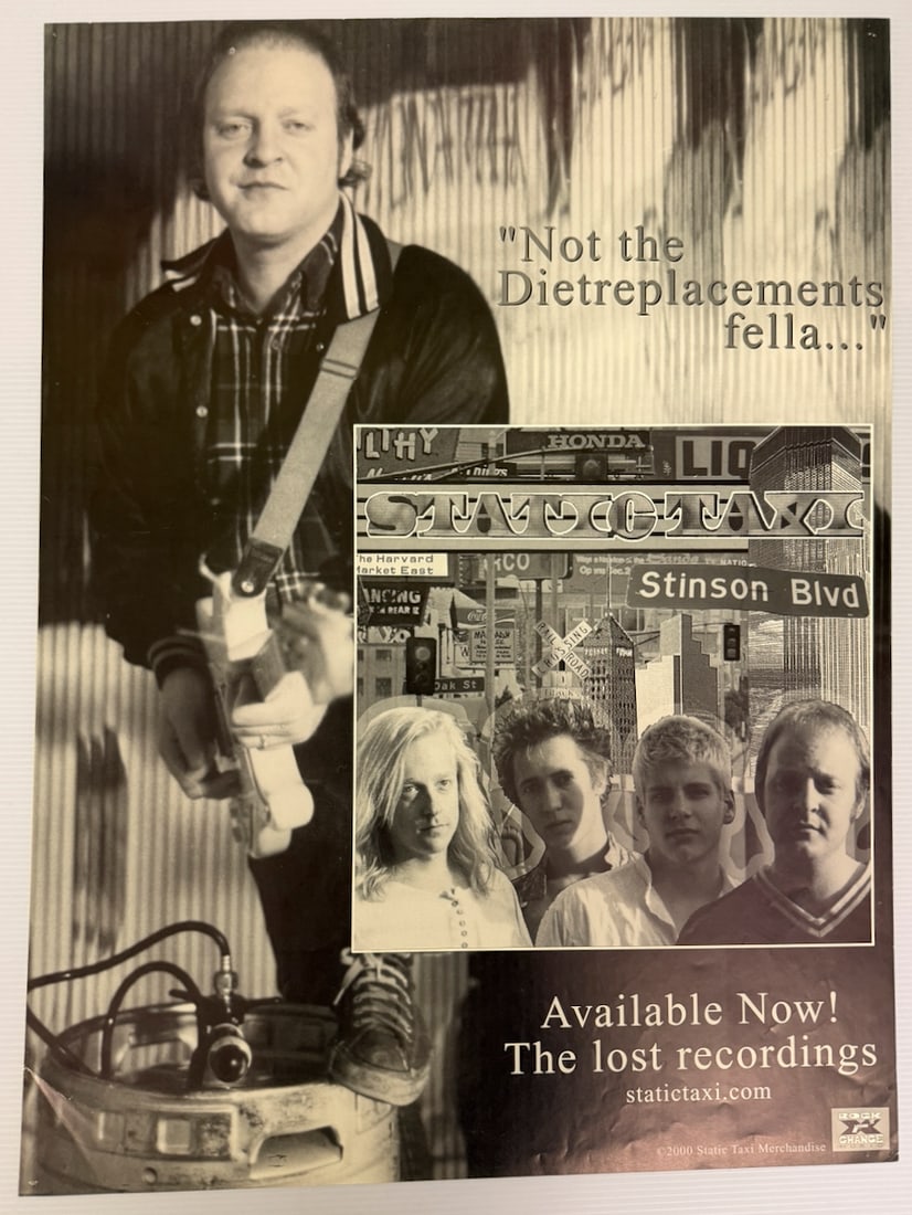 THE REPLACEMENT - STATIC TAXI: This image is a promotional flyer for a music release featuring Bob Stinson, the late founding guitarist of the punk rock band The Replacements. It promotes the availability of lost recordings by his