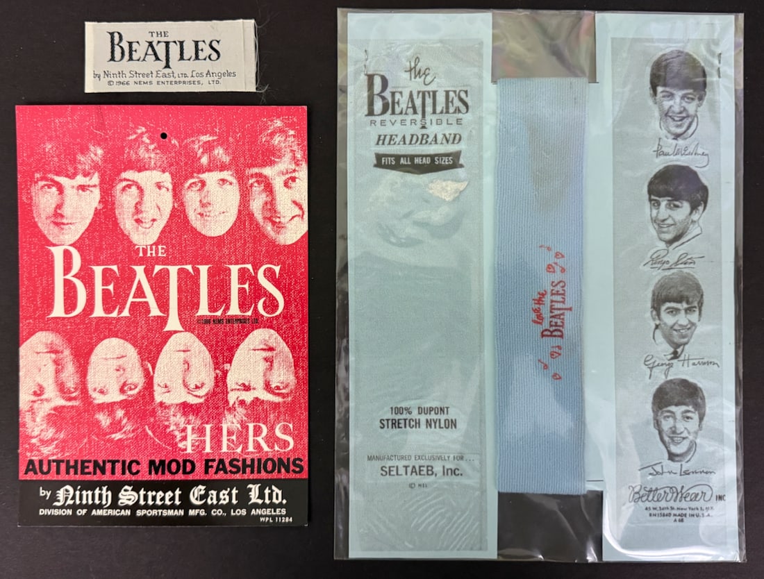 BEATLES FASHION ELEMENTS COLLECTIBLES: BEATLES FASHION ELEMENTS COLLECTIBLES - original light-blue headband and original vintage apparel tag.