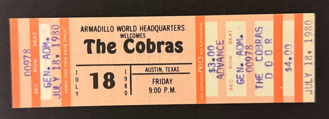 COBRA UNUSED TICKET STUB - ARMADILLO WORLD HEADQUARTERS.: COBRA UNUSED TICKET STUB - ARMADILLO WORLD HEADQUARTERS.