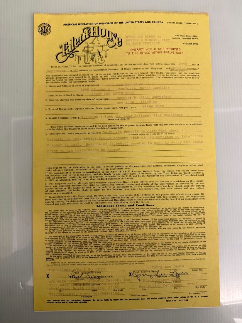 JERRY LEE LEWIS SIGNED CONTRACT & RIDER at THE PALAMINO CHARLOTTE NC: JERRY LEE LEWIS SIGNED CONTRACT AND RIDER at THE PALAMINO CHARLOTTE NC