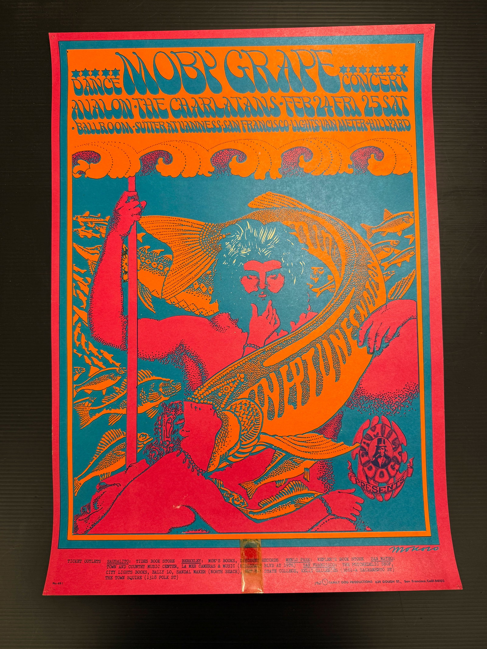 FD49 - MOBY GRAPE - 1ST: FD49 - MOBY GRAPE - 1ST. DOES NOT HAVE horizontal scratch measuring about 3/8" in the blue border above the "Kepler's Book Store" credit in the ticket outlet strip. SEE IMAGE FOR TAPE ON BOTTOM BOARDE