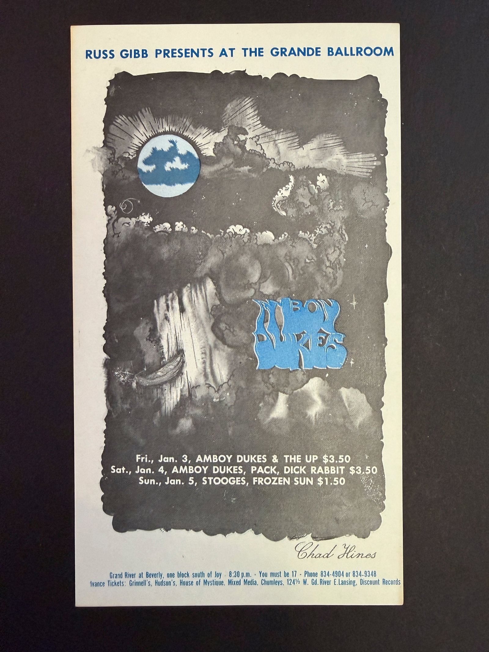 AMBOY DUKES - GRANDE BALLROOM POSTCARD - NEAR MINT: AMBOY DUKES - GRANDE BALLROOM POSTCARD - NEAR MINT. RUSS GIBBS. STOOGES. This image is known as G/G-690103 in Eric King’s book; number 125 in the Henkel numbering system; and number 71 under the