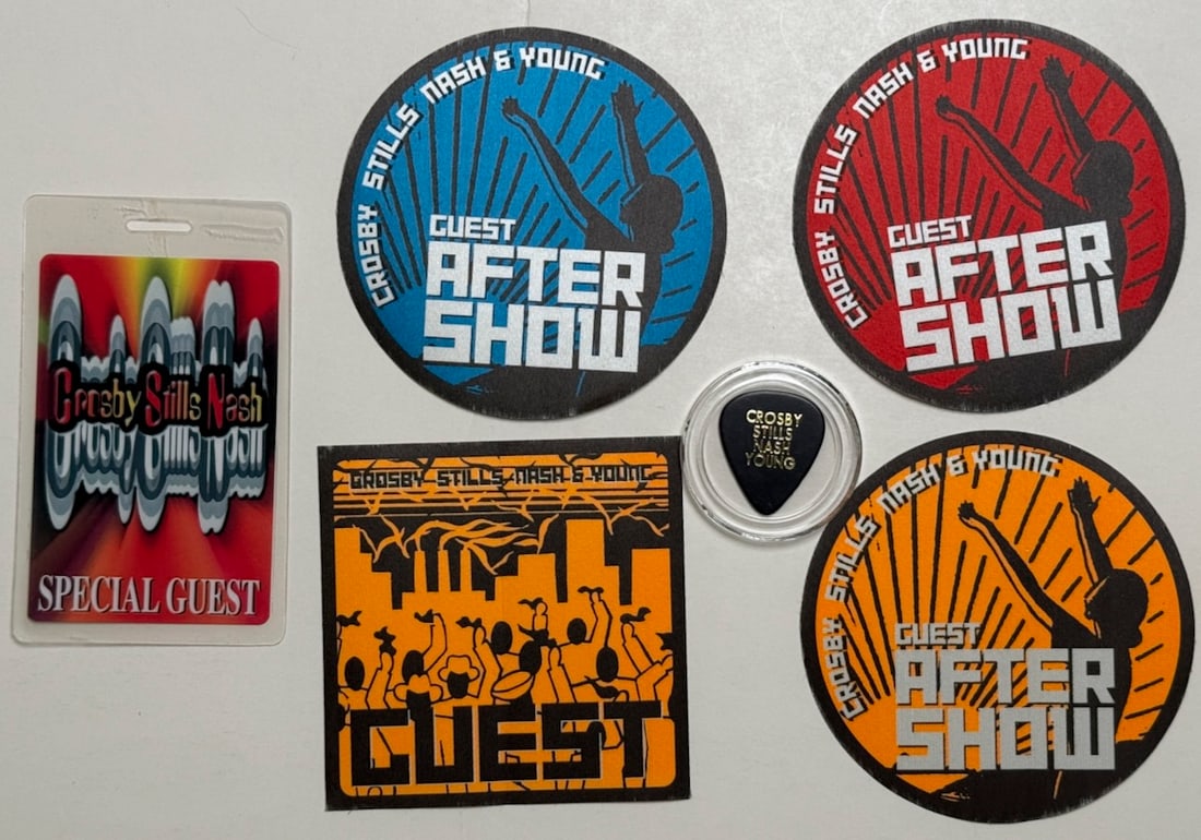 CSNY BACKSTAGE PASSES & PICKS: CSNY BACKSTAGE PASSES & PICKS. PROVIDED BY FAMILY OF GUITAR TECH WHO TOURED WITH BAND.