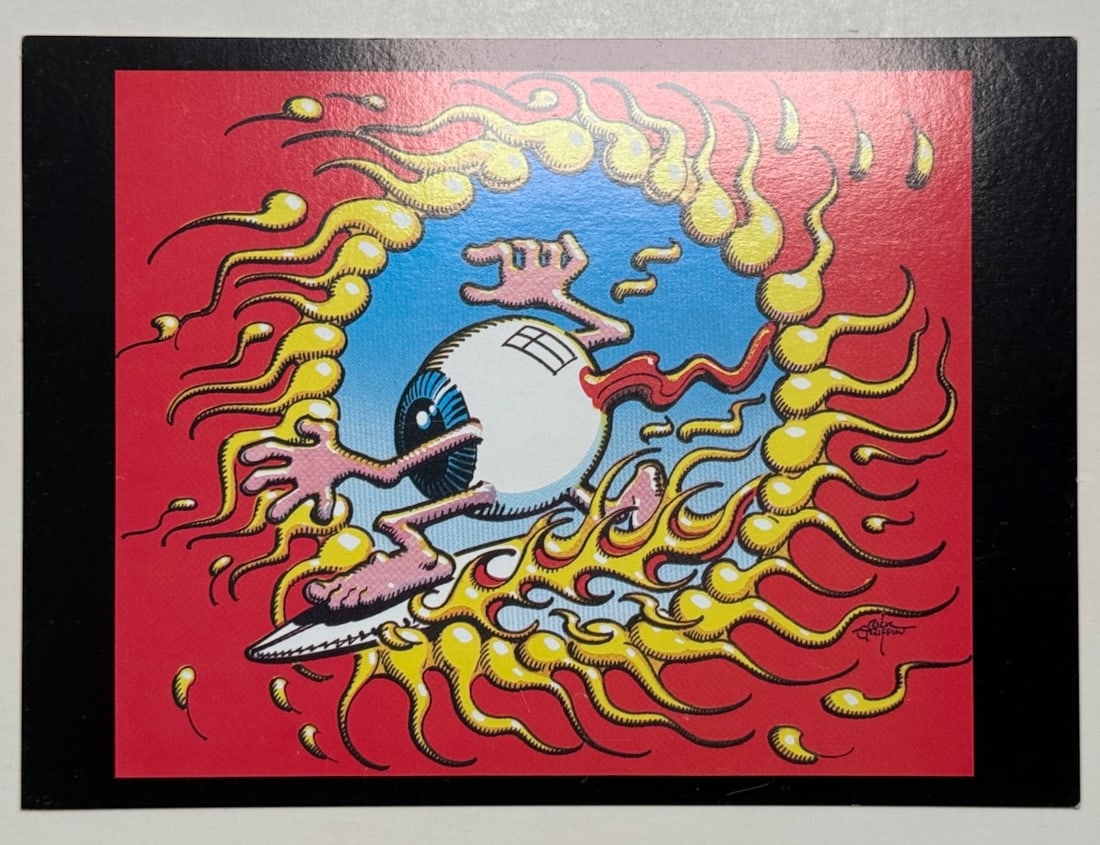RICK GRIFFIN SURFING EYEBALL 1989 POSTCARD/HANDBILL: RICK GRIFFIN SURFING EYEBALL 1989 POSTCARD/HANDBILL. PROVIDED BY FAMILY OF GUITAR TECH WHO TOURED WITH BAND. ABOUT 4 X 5