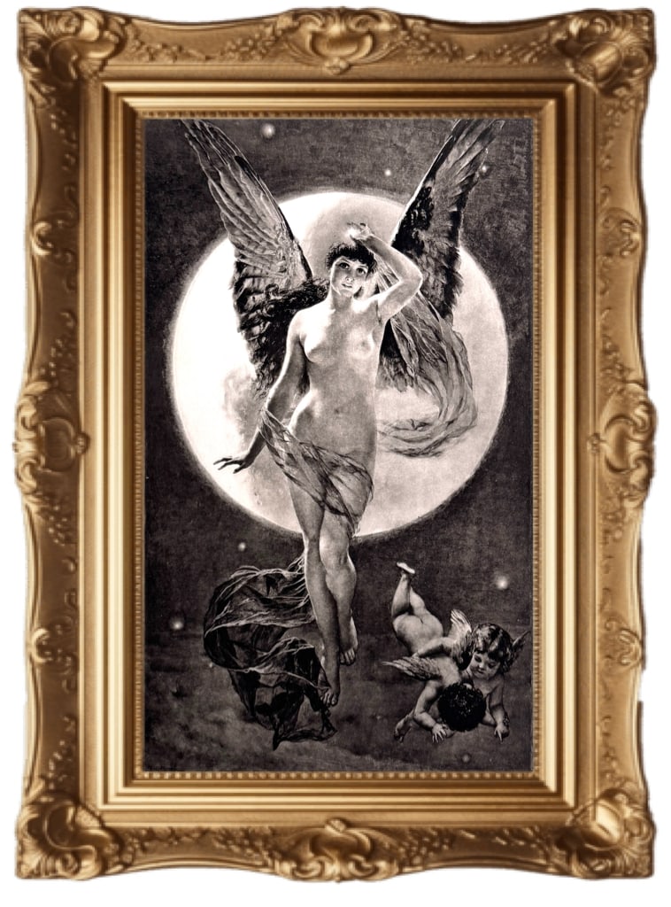 Night - by Italian artist Angelo von Courten: This collectible print is an 1893 photogravure print titled "Night," originally painted by Italian artist Angelo von Courten. We believe this came from a publication titled Mythology and the Seige of 