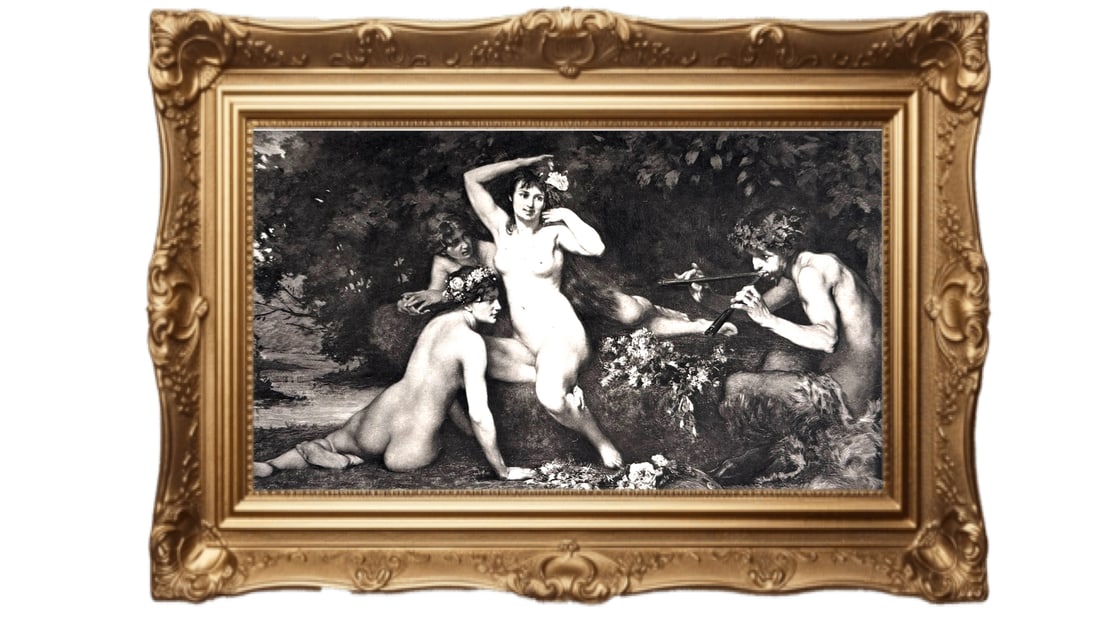 NYMPHS AND FAUN - EMILE LOUIS FOUBERT: This item is an antique print titled “NYMPHS AND FAUN" by artist EMILE LOUIS FOUBERT. We believe this came from a publication titled Mythology and the Seige of Troy - With Illustrations After Painti