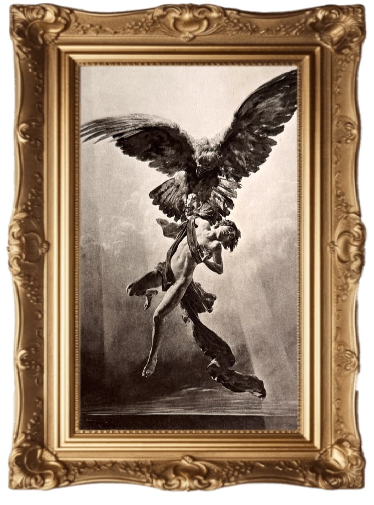 FOUR PHOTOGRAVURE - 1892 engraving - The Abduction of Ganymede - Frank Kirchbach AND THREE MORE: 1892 engraving - The Abduction of Ganymede - Frank Kirchbach AND THREE MORE. The artwork depicts the Greek mythological story where Zeus transforms into a giant eagle to abduct the beautiful Trojan pr