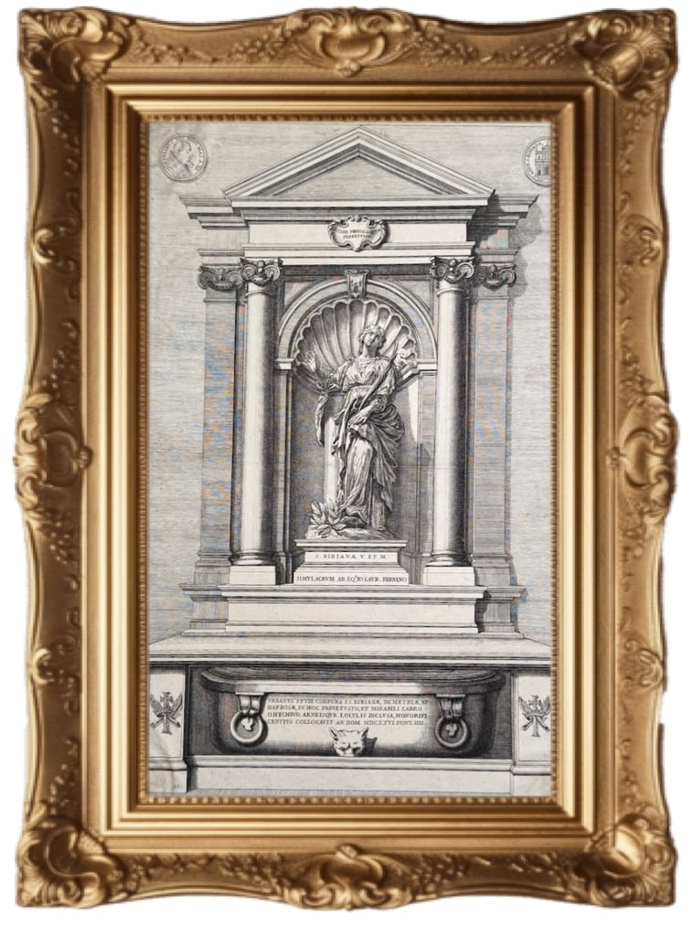 17th-century engraving - the tomb and sculpture of Saint Bibiana in Rome: This is a 17th-century engraving depicting the tomb and sculpture of Saint Bibiana in Rome, designed by Gian Lorenzo Bernini. Subject: The print shows the statue of Saint Bibiana standing in a niche, 