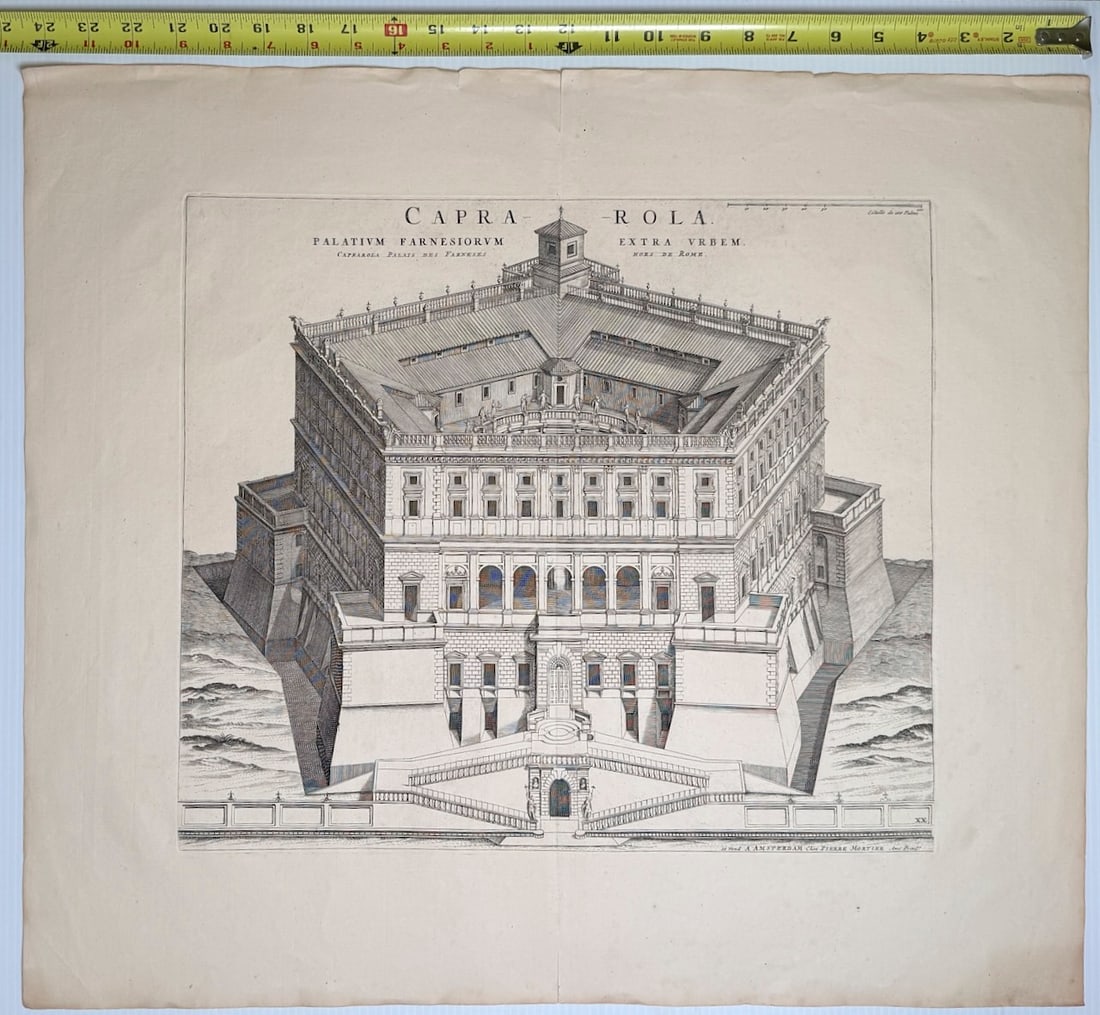 Antique engraving of the Villa Farnese in Caprarola: This is an antique engraving of the Villa Farnese in Caprarola, originally issued by Joan Blaeu and re-issued by publisher Pierre Mortier around 1704. The detailed architectural print showcases the pe