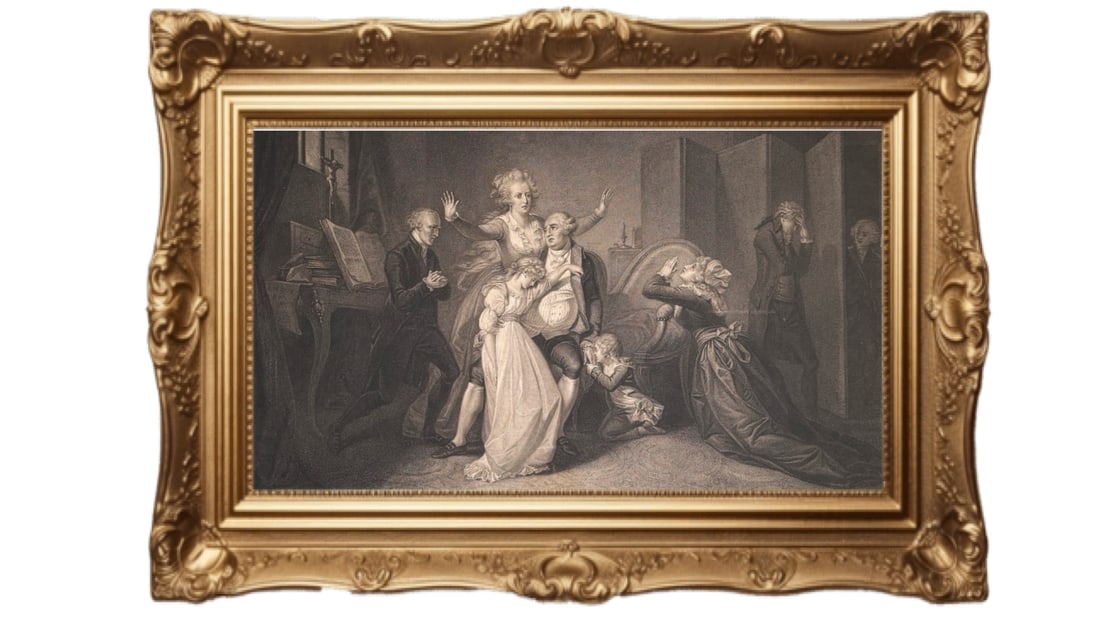 Antique stipple engraving - King Louis XVI and his family in the Temple on the eve of his execution (1 of 5)