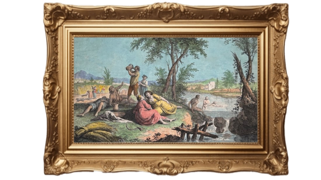 1750 hand-colored copper-plate engraving - “July" by Francesco Bartolozzi (1 of 5)