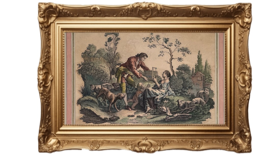 17th Century Copperplate - Pastoral Scene - By C.P. Maj - 1750: This copper-plate engraving depicts a classic 18th-century pastoral scene, likely French from around 1750 by artist CP Maj. Hand colored engravings from this period and artist are valued over $400. Ba