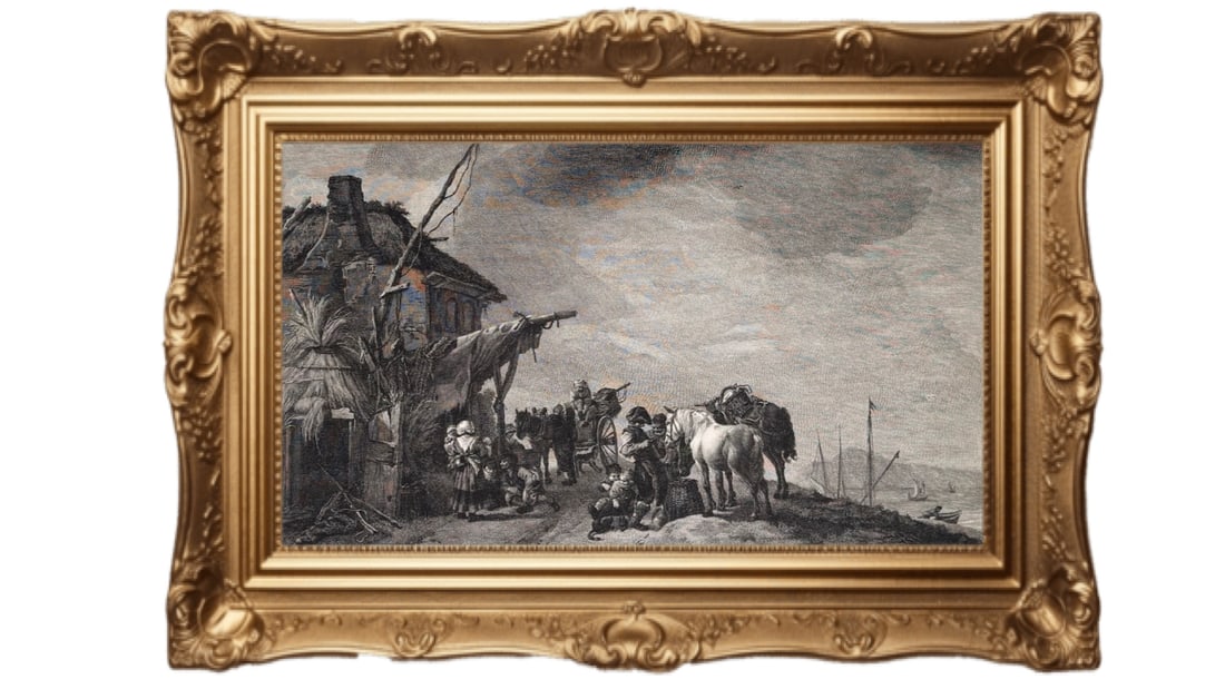 1754 copper-plate engraving - "Les Voituriers" The Coachmen: This is an 18th-century copper-plate engraving titled "Les Voituriers" (The Coachmen or The Carriers). It was created by the engraver Antonius Tischler around 1754, based on an original painting by th