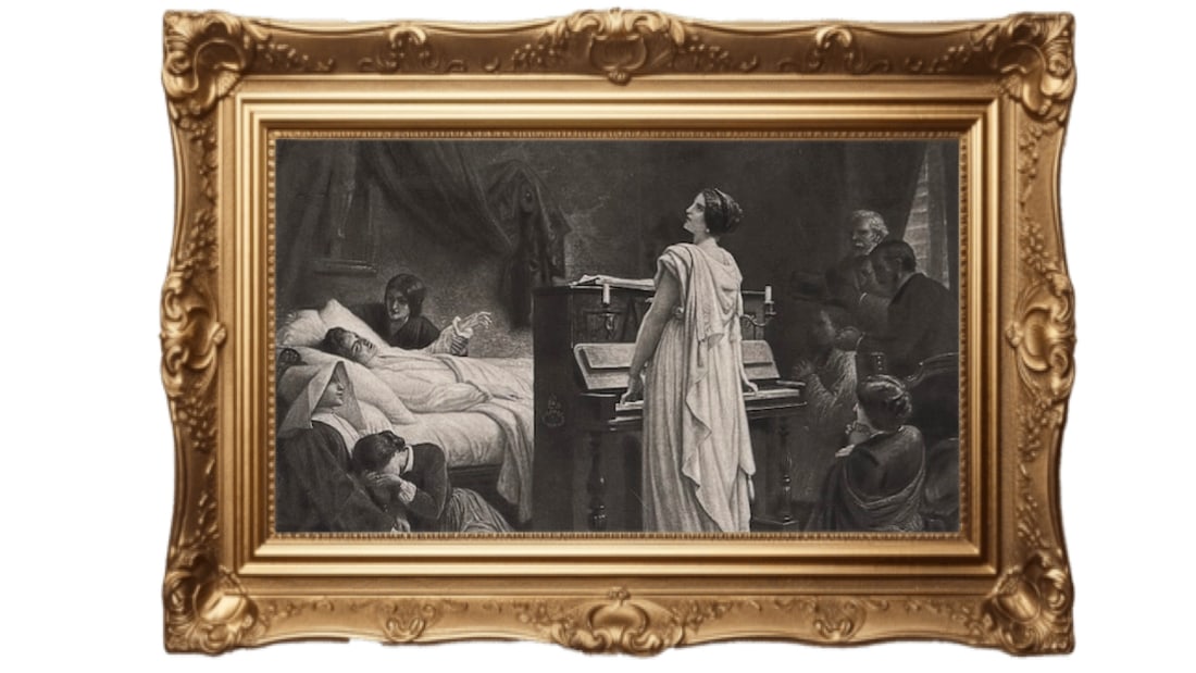 Death of Chopin - 1895 vintage photogravure: This is a vintage photogravure print titled "Death of Chopin" based on a painting by Félix-Joseph Barrias. Subject: The artwork depicts the final moments of composer Frédéric Chopin in Paris in 184