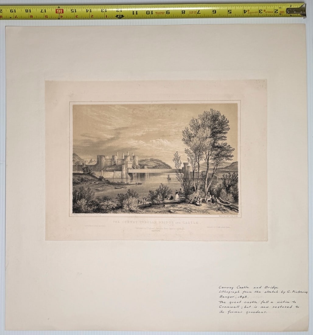 Antique lithograph titled "The Conway Tubular Bridge and Castle (1 of 5)