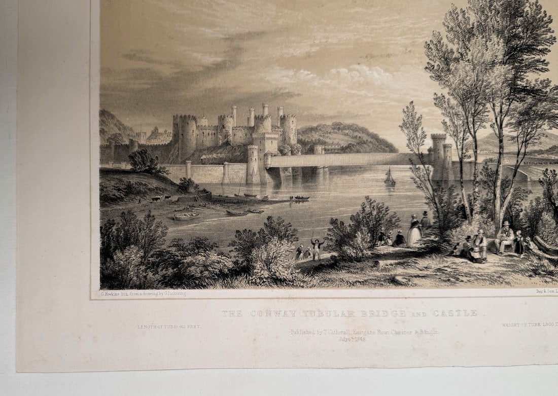 Antique lithograph titled "The Conway Tubular Bridge and Castle - 2