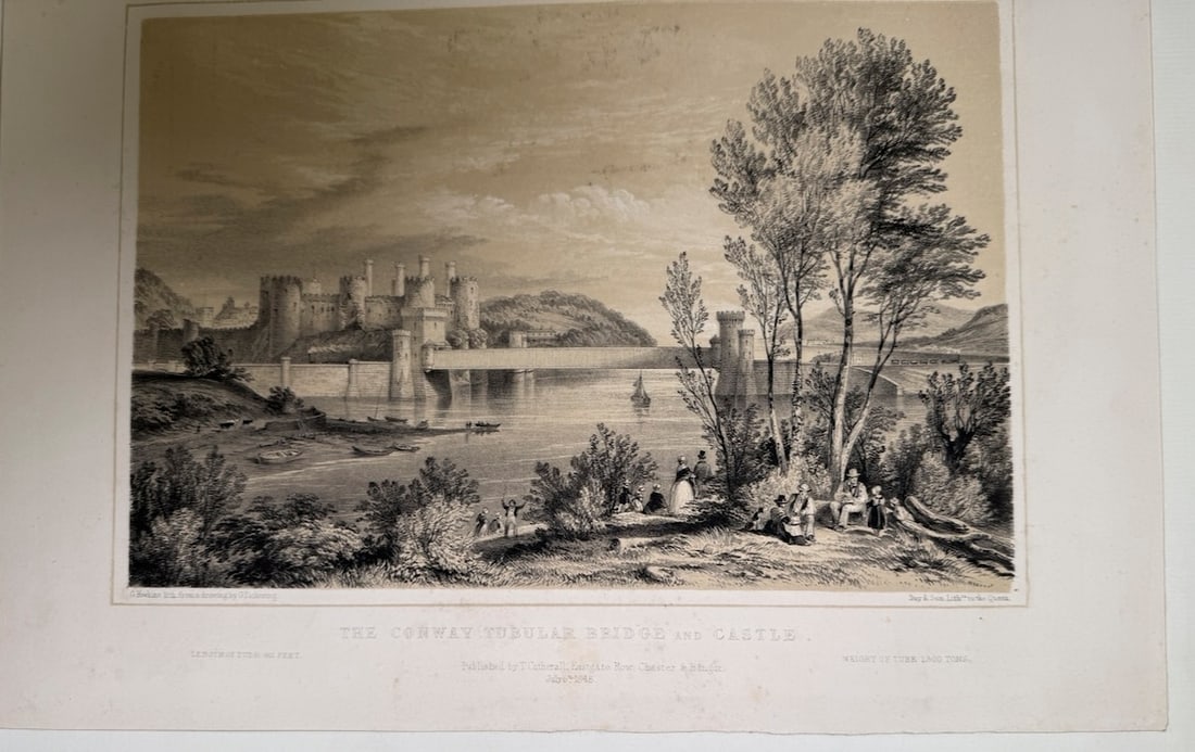 Antique lithograph titled "The Conway Tubular Bridge and Castle - 3