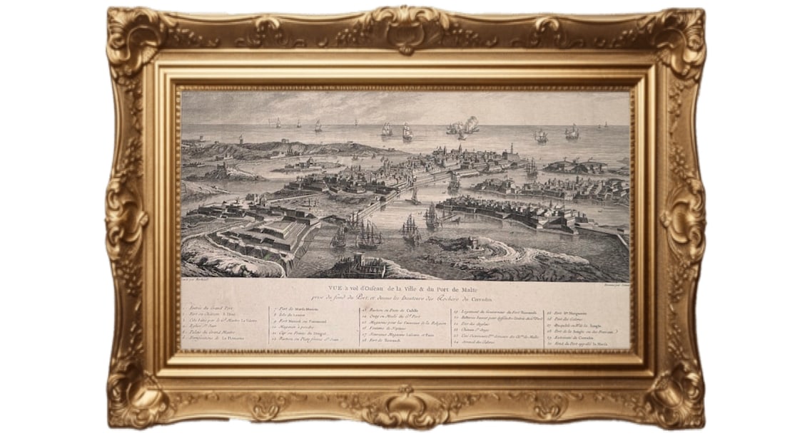 1805 copper-plate engraving - A Bird’s-eye View of the City and Port of Malta (1 of 5)