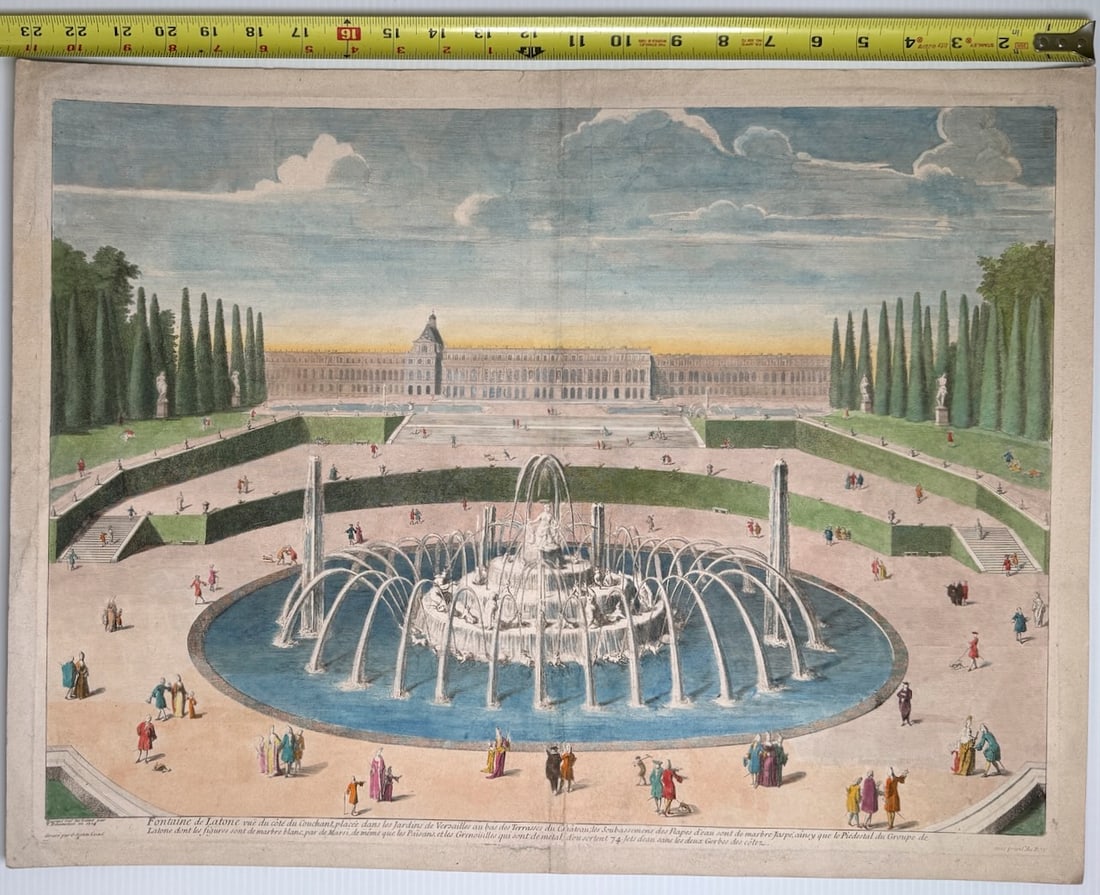 1724 hand colored engraving - Latona Fountain at the Palace of Versailles in France - 2
