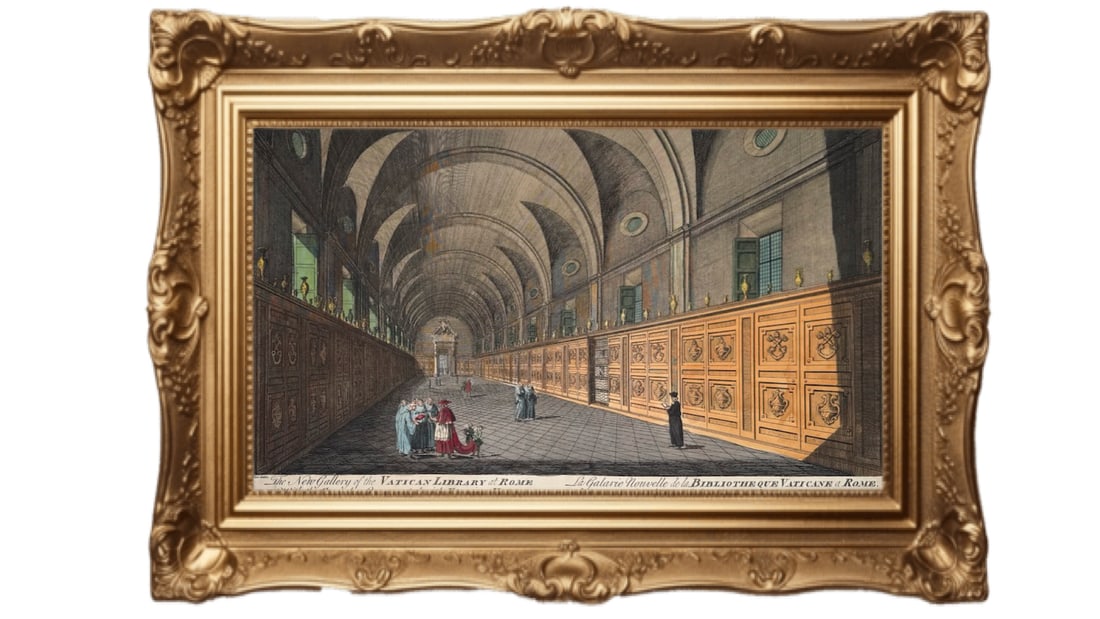 1794 - hand-colored engraving - The New Gallery of the Vatican Library at Rome: This image is a hand-colored engraving titled "The New Gallery of the Vatican Library at Rome," likely published by Laurie & Whittle in London in May 1794. Subject: The print depicts the interior of t