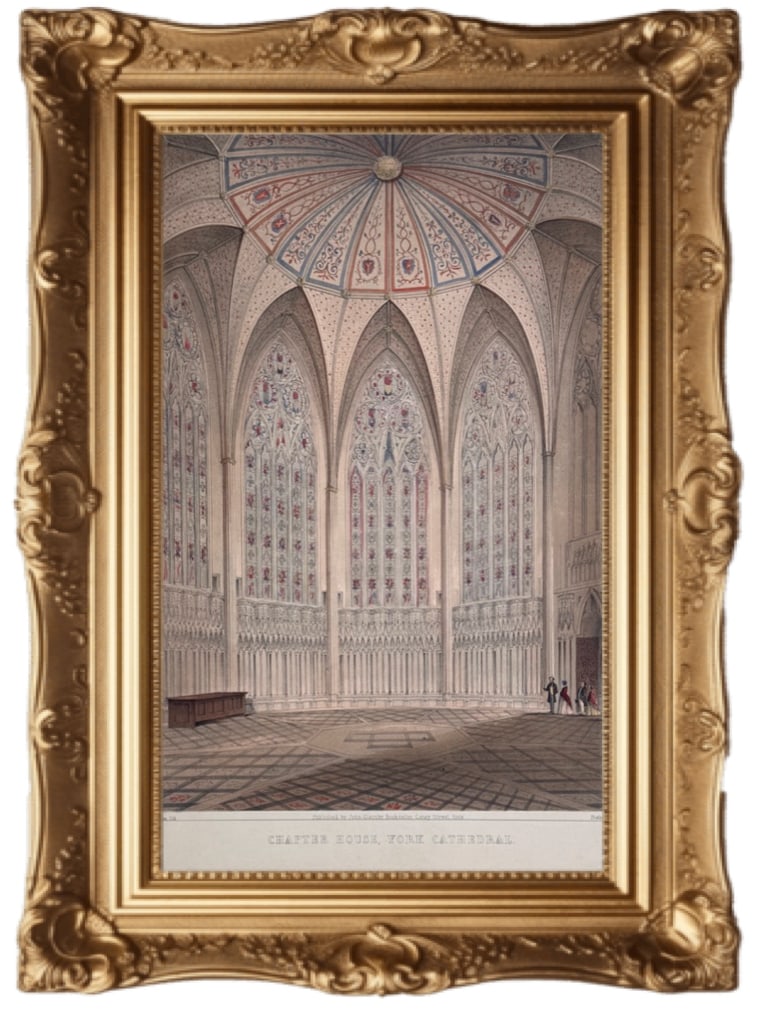 CHAPTER HOUSE, YORK CATHEDRAL - hand-colored engraving: This is a hand-colored engraving titled "CHAPTER HOUSE, YORK CATHEDRAL" likely featuring Thomas Willement's restoration of the ceiling decoration from 1848. Published by John Glatsby Bookseller Coney 