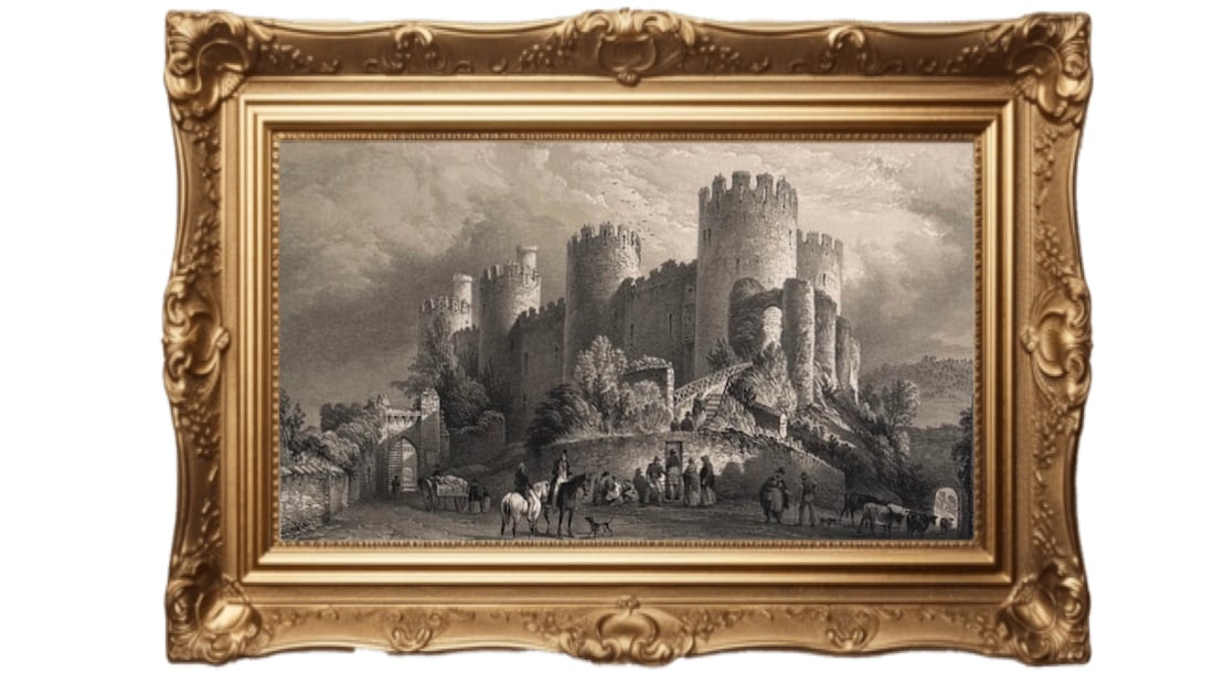 1850 George Pickering Lithograph - Conway Castle: This is an antique lithograph titled "Conway Castle," based on drawings by artist George Pickering. Published around 1850 by T. Catherall, this print was part of a set titled "Picturesque Sketches in 