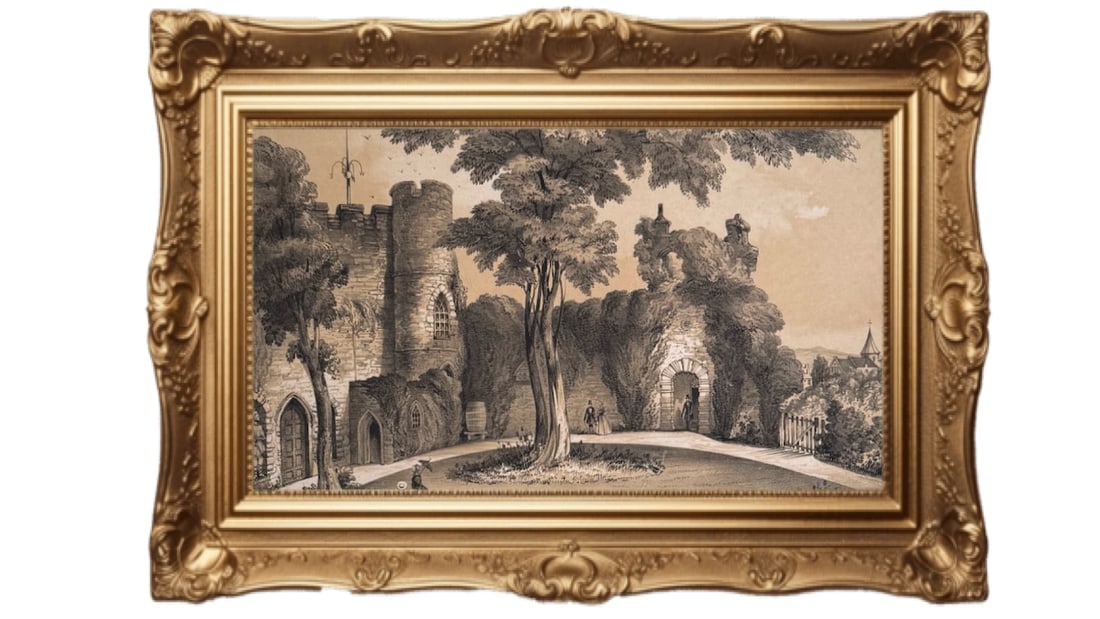North View Lewes Castle in Sussex, England: This print depicts Lewes Castle in Sussex, England, as it appeared in the mid-19th century. The image is an antique lithograph produced by Newman & Co.. It shows the castle in a romanticized, "sepia t