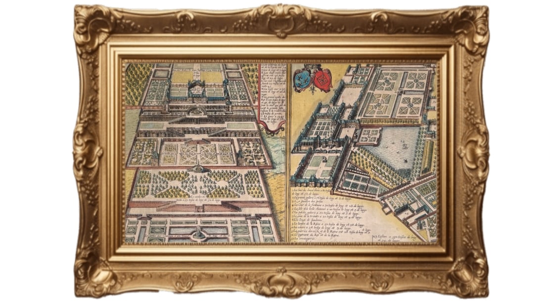 1640 Hand Colored engraving - Château de Fontainebleau & Saint-Germain: This colored engraving is a 17th-century bird's-eye view detailing two French royal residences and their extensive gardens. Left View (Saint-Germain-en-Laye): Shows the Château de Saint-Germain-en-La