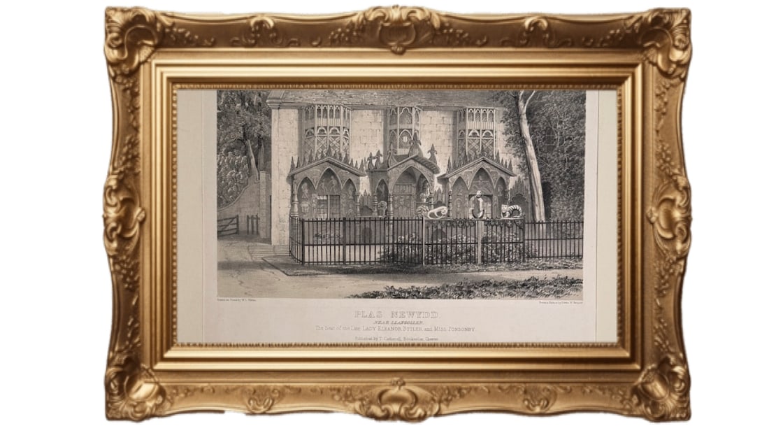 Engraving of Plas Newydd, the historic home of the Ladies of Llangollen: This is an antique engraving of Plas Newydd, the historic home of the "Ladies of Llangollen," Lady Eleanor Butler and Sarah Ponsonby, in Llangollen, Wales. The image depicts the house after it was tra