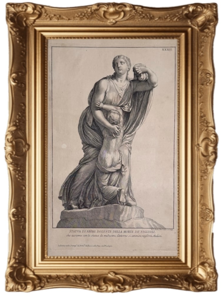 Sorrowing Niobe - engraving - 18th-century collection: The engraving depicts the Sorrowing Niobe, a Roman marble copy of a Greek original that is part of the famous "Niobe Group" in the Uffizi Gallery, Florence. The artwork captures the tragic climax of t