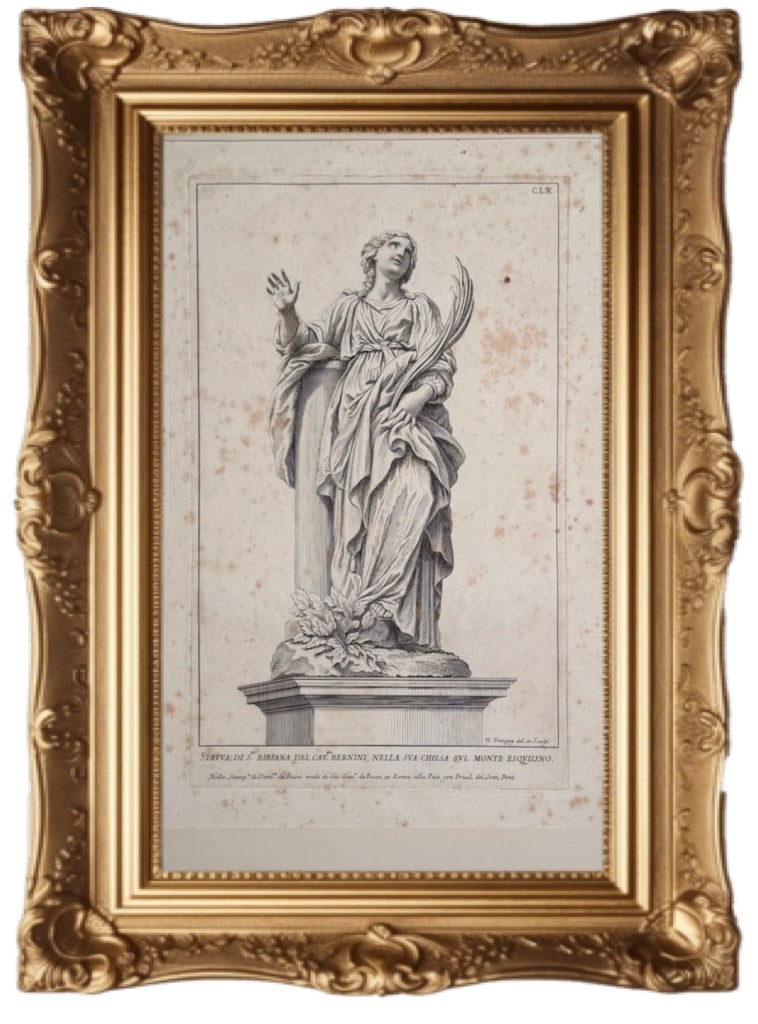 Statue of Saint Bibiana: This is a print depicting the marble statue of Saint Bibiana, originally sculpted by Gian Lorenzo Bernini between 1624 and 1626. Location: The original sculpture is located in the Church of Santa