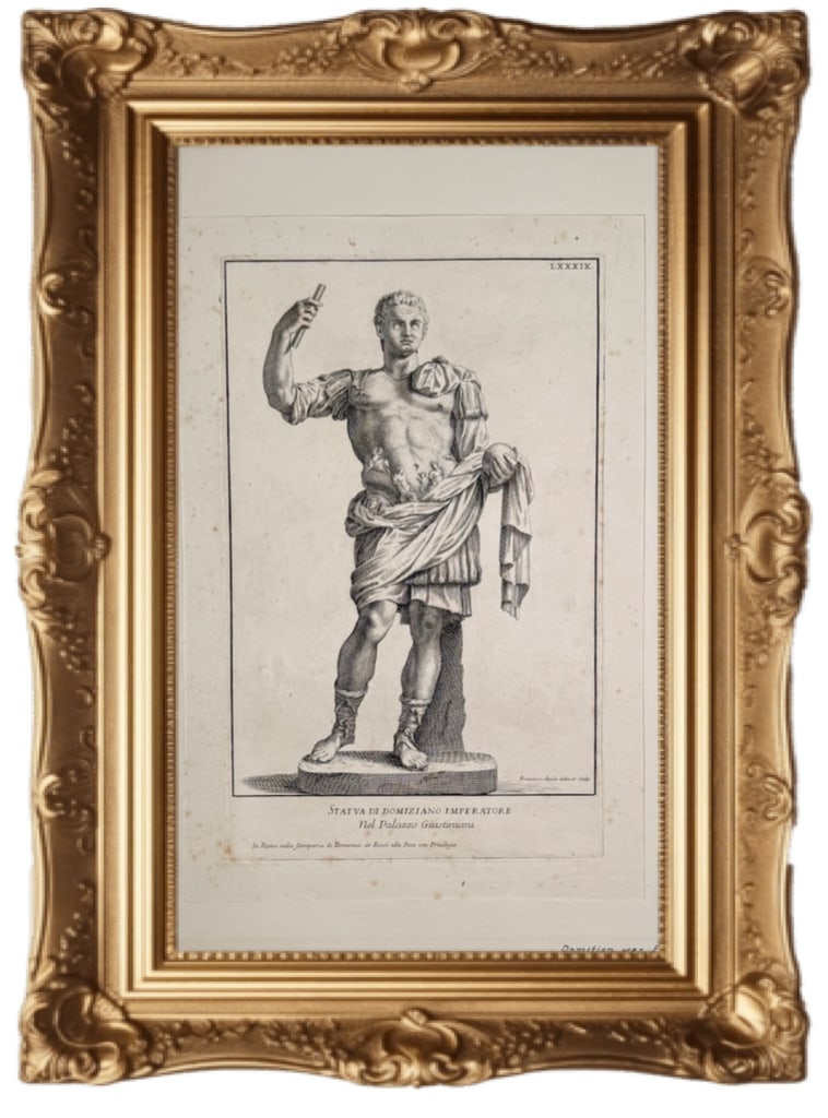 Roman Emperor Domitian - copperplate engraving: This is an original copperplate engraving of the Roman Emperor Domitian from Domenico de Rossi's Raccolta de Statue Antiche e Moderne. Domitian was Emperor of Rome from 8i to 96 I.D. The son of