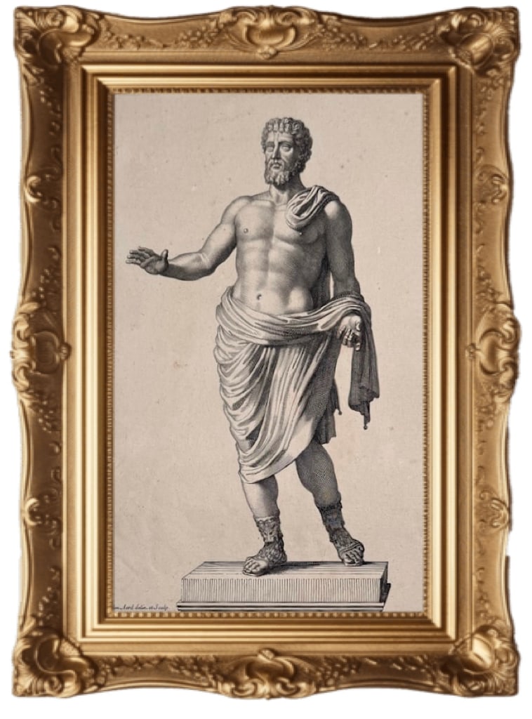 Statue of Emperor Septimius Severus: This is a 1704 engraving titled Statva Di Bronzo Di Settimio Severo Imperatore (Bronze Statue of Emperor Septimius Severus) by artist Robert van Audenaerd, depicting a statue formerly located in the P