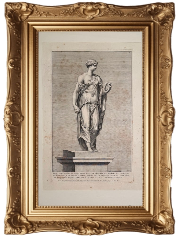 Flora - The Goddess of Flowers: This is an antique copperplate engraving titled "Flora con Corona di Fiori" (Flora with a Crown of Flowers), depicting a classical Roman statue. The print is based on an illustration by Paolo