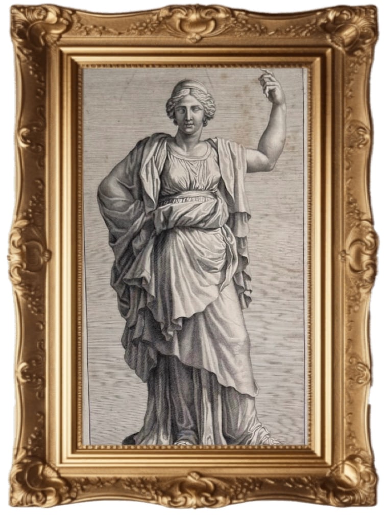 Copperplate engraving depicting an Amazon statue: This is an antique copperplate engraving depicting an Amazon statue, likely from the 18th-century publication Raccolta de Statue Antiche e Moderne. Subject: The print shows a statue titled "Amazone