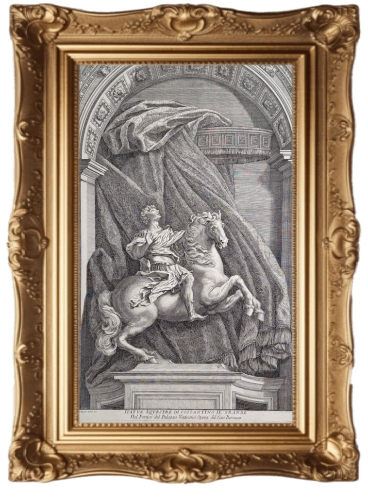 Equestrian Statue of Constantine - 18th-century engraving: This is an 18th-century engraving by Francesco Faraone Aquila, depicting the famous Equestrian Statue of Constantine sculpted by Gian Lorenzo Bernini. Subject: The statue captures the Roman Emperor