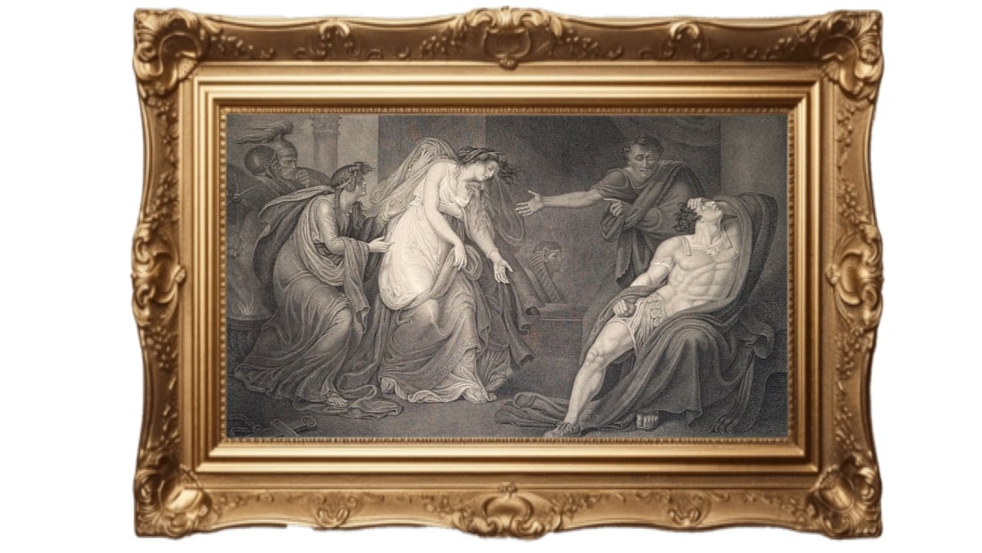 1795 engraving - Act III, Scene IX of Shakespeare's Antony and Cleopatra: This engraving depicts a scene from Act III, Scene IX of Shakespeare's Antony and Cleopatra. Subject Matter: The image captures a dramatic moment in the palace at Alexandria featuring Antony,