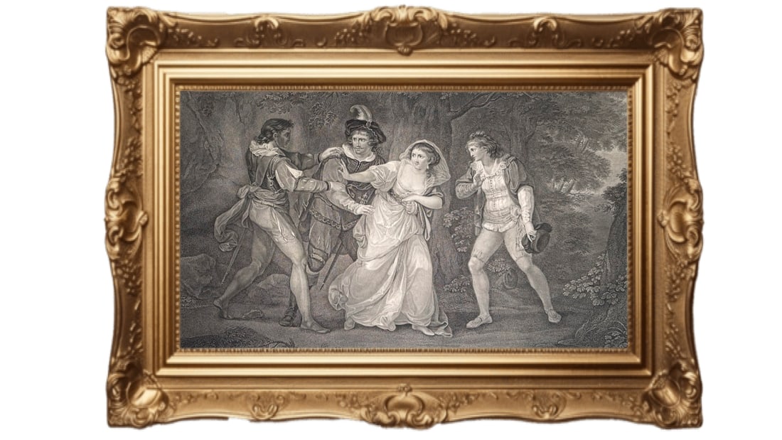 Shakespeare 18th-century stipple engraving - Two Gentlemen of Verona, Act V, Scene III (1 of 6)