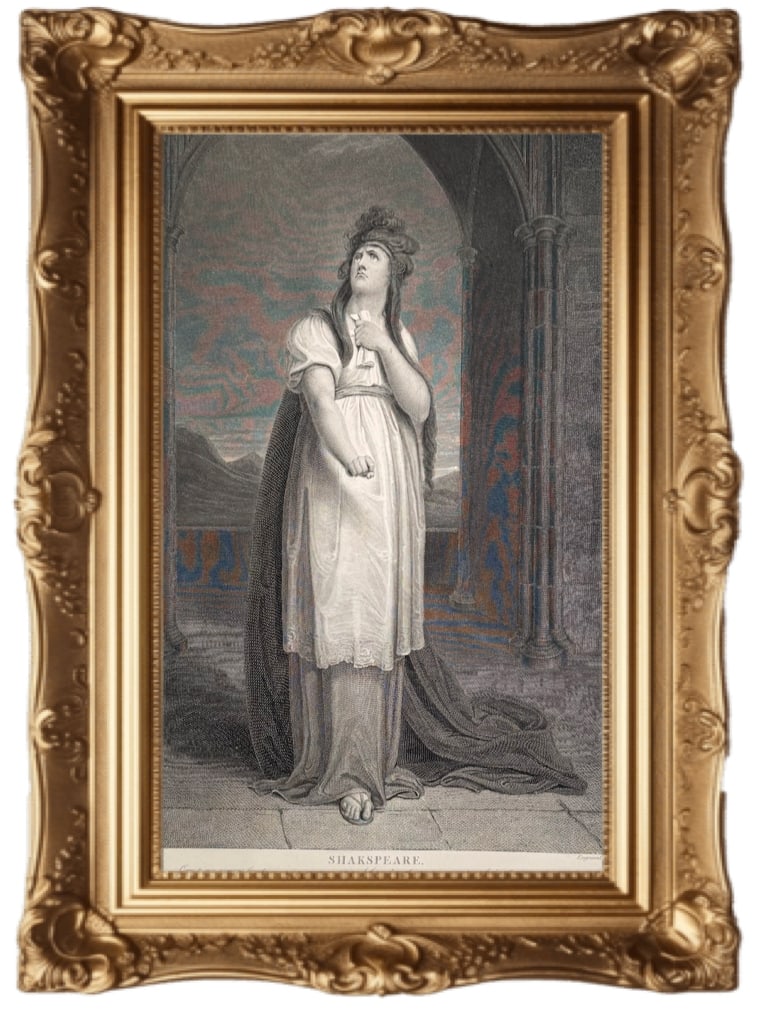 Historical engraving of Lady Macbeth - William Shakespeare: This is a historical engraving of Lady Macbeth from William Shakespeare's play, Macbeth. Scene: Act 1, Scene 5. Setting: Macbeth's Castle. Theme: Lady Macbeth invoking the spirits. Original Artist: