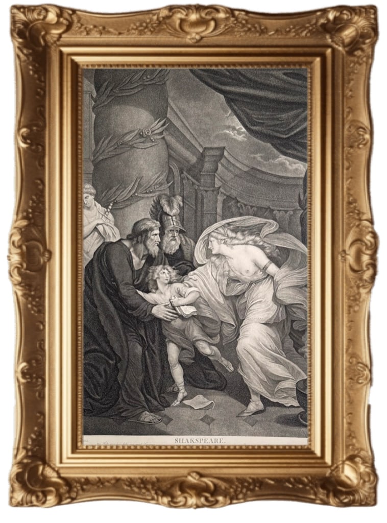 Antique stipple engraving - Act IV, Scene I of Shakespeare's Titus Andronicus: This is an antique stipple engraving based on a painting by Thomas Kirk depicting Act IV, Scene I of Shakespeare's Titus Andronicus. Artist and Subject: The artwork was painted and engraved by Thomas
