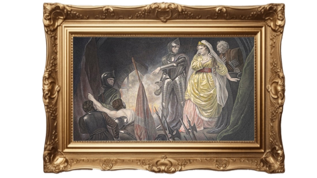 Rare Hand Colored Engraving - Shakespeare's Henry VI - Boydell: This historical engraving depicts a scene from Shakespeare's Henry VI, Part 1. Scene: It illustrates Act II, Scene III, showing the Countess of Auvergne confronting Lord Talbot in her castle.Artist & 