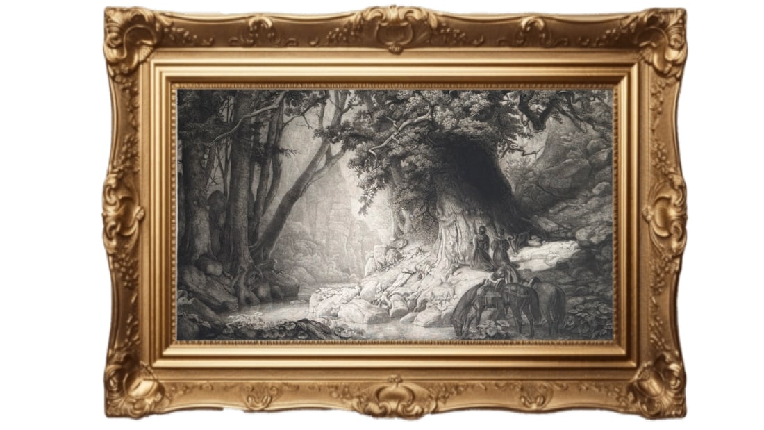 1876 The Thousand-Year-Old Oak: This artwork is a 19th-century steel engraving titled "La Quercia dei Mille Anni" (The Thousand-Year-Old Oak). Artists: The engraving was created by Xaver Steifensand after an original design by the G