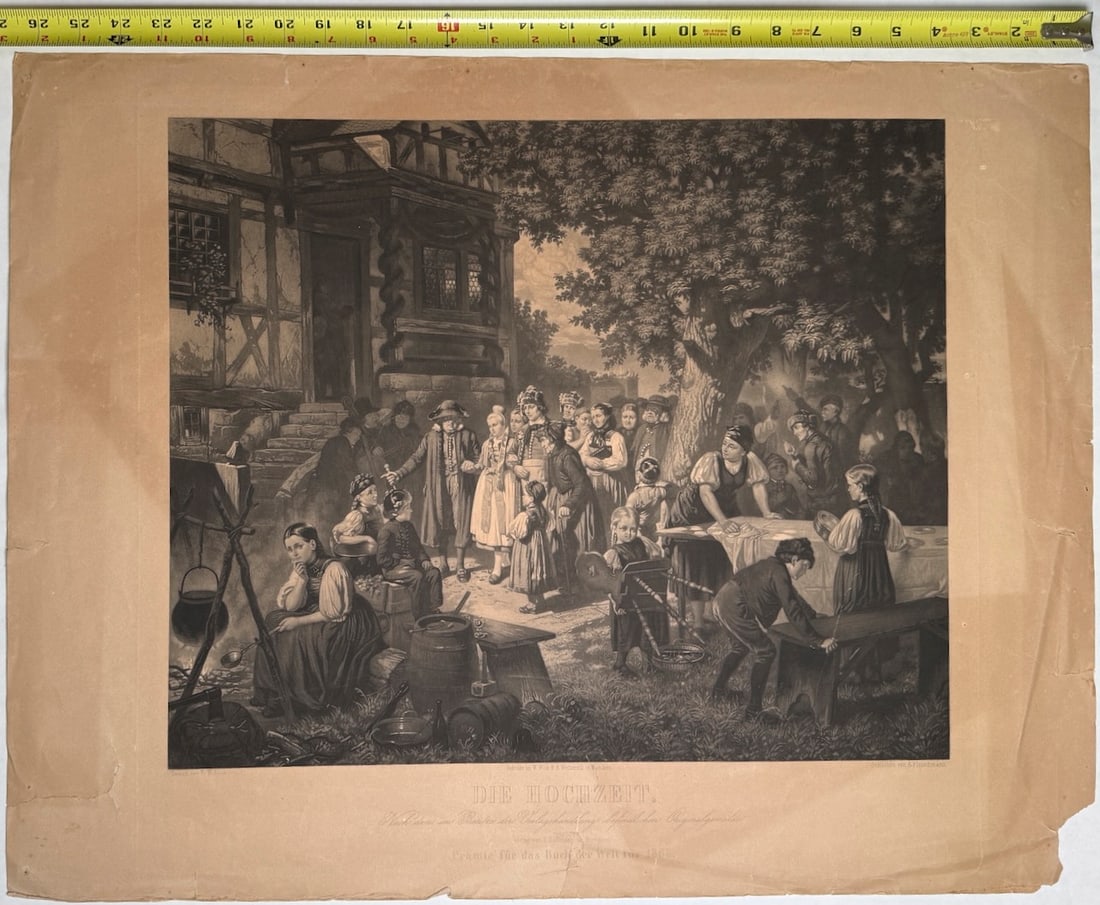 DIE HOCHZEIT - The Wedding. - 1876: This artwork is a lithographic print titled "DIE HOCHZEIT" (The Wedding), based on an original painting by the Swiss-born German genre painter Benjamin Vautier (1829–1898). Vautier was a leading fig
