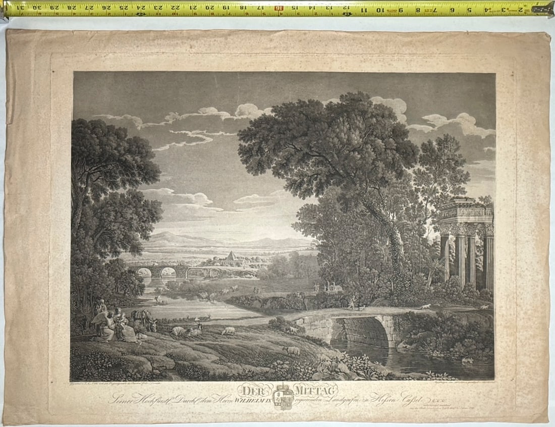 Copperplate engraving - Der Mittag - Noon: This engraving is titled "Der Mittag" (Noon) and is part of a set of four depicting the times of day, originally painted by Claude Lorrain. Artist Details: The engraving was executed by Christian Hald