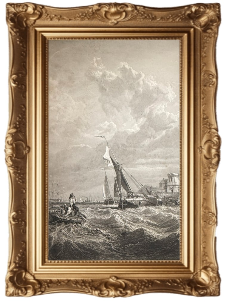 Tilbury Fort - Wind Against Tide - James Tibbitts Willmore: This antique engraving depicts the 1849 painting "Tilbury Fort - Wind Against Tide" by British artist Clarkson Stanfield. Subject: The artwork illustrates a nautical scene on the River Thames, featuri