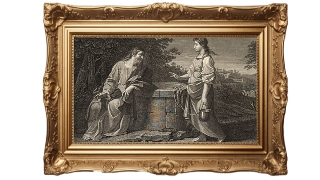 Jesus and the Samaritan - 1850: This artwork is a steel engraving titled Jesus and the Samaritan Woman, created by the Italian engraver Luigi Fabri (1778–1835). It is based on an original painting by the renowned Baroque artist Gu